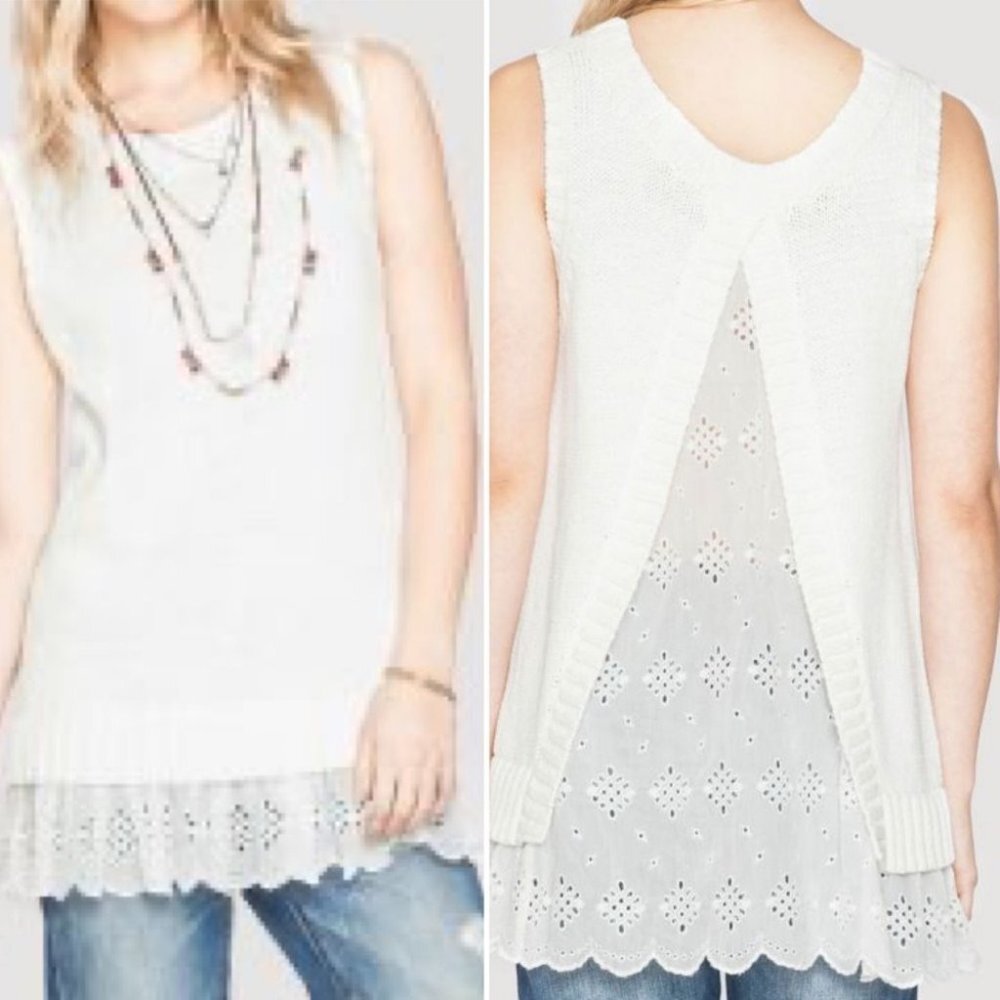 Johnny Was Lace Back Antique White Silk Sweater Layered Size Small Knit Top Boho